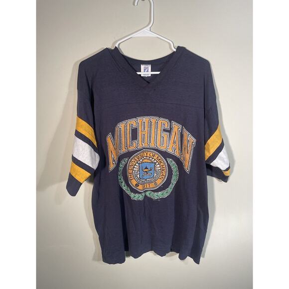 VTG Logo 7 Michigan Wolverines V-Neck T-Shirt 90s Striped Sleeve XL Distressed - Picture 1 of 11